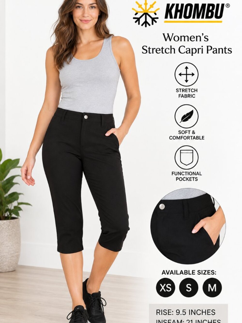 Khombu Women’s Black Stretch Capri Pants XS S M